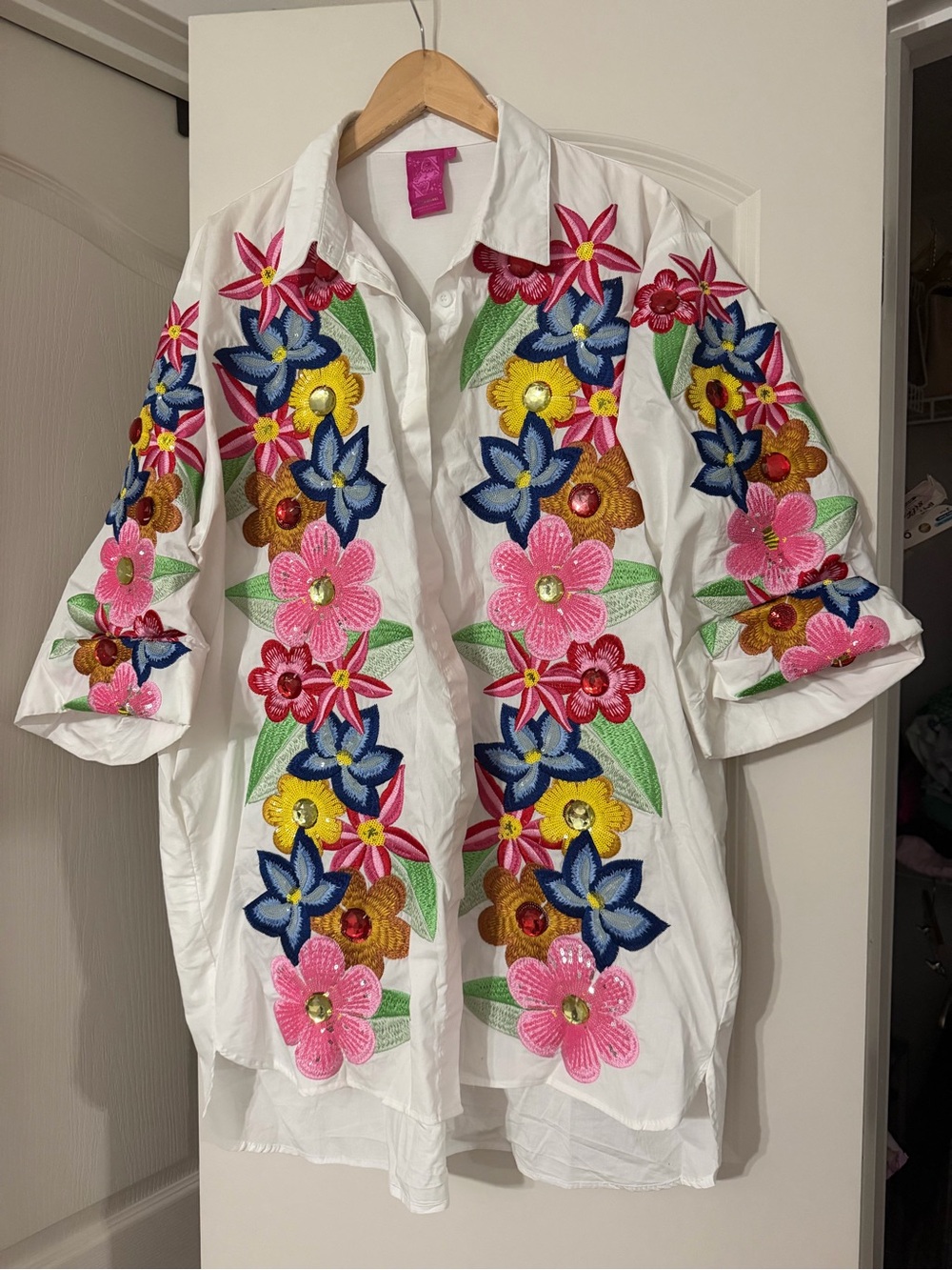 QUEEN OF SPARKLES White Floral Embroidered Mini Dress
